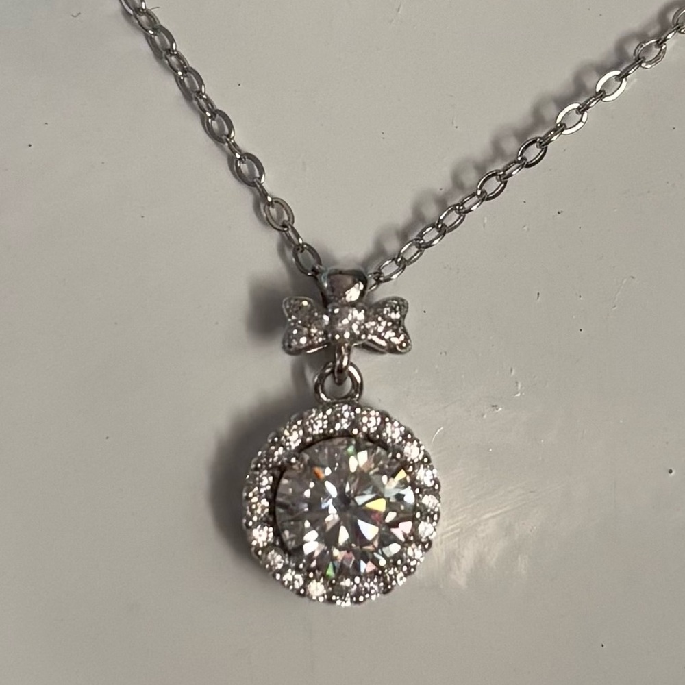 Moissanite 1ct Sterling Silver Bow Halo Pendant Necklace